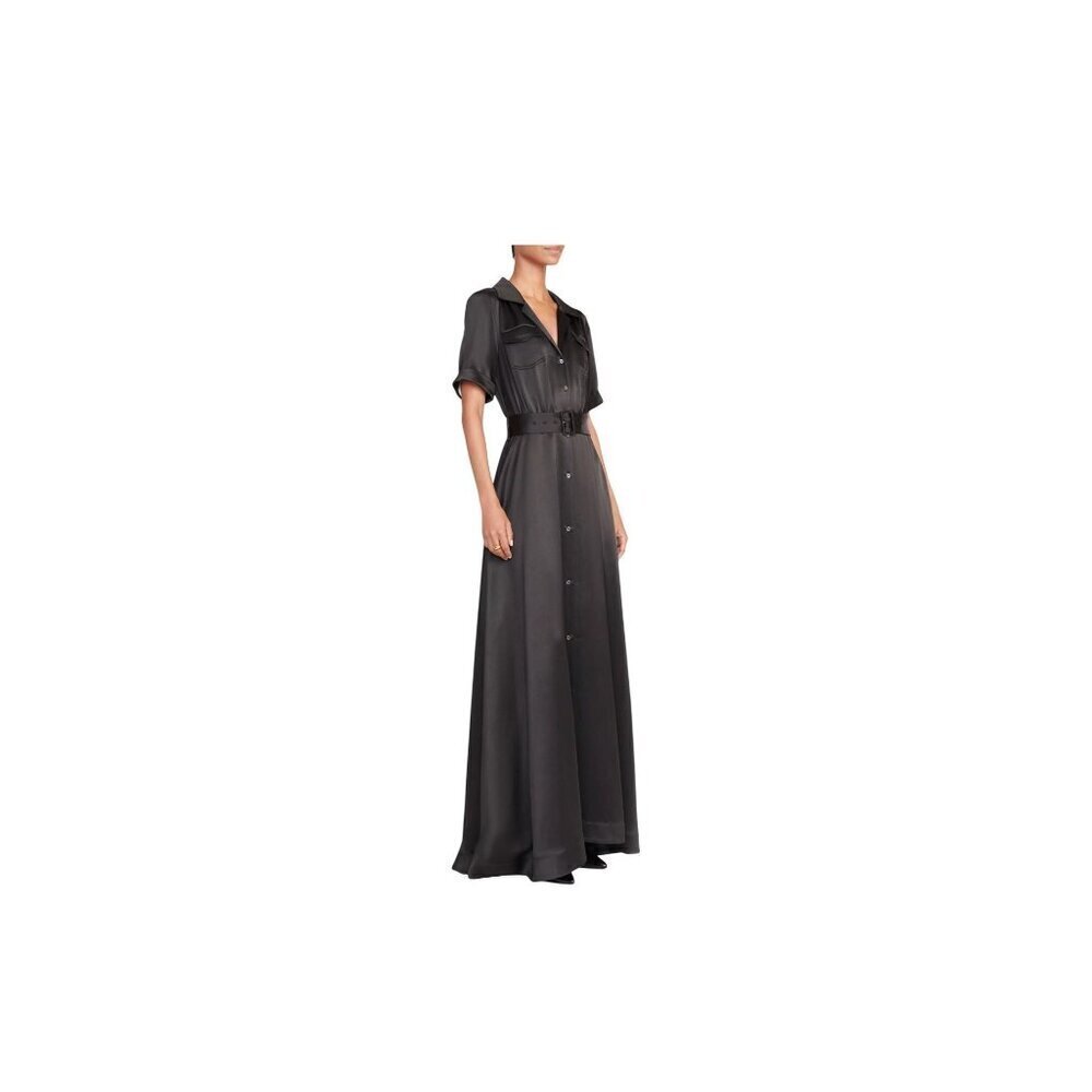 New STAUD Millie Satin Belted Maxi Shirt Dress Black Sz 2 MSRP $495